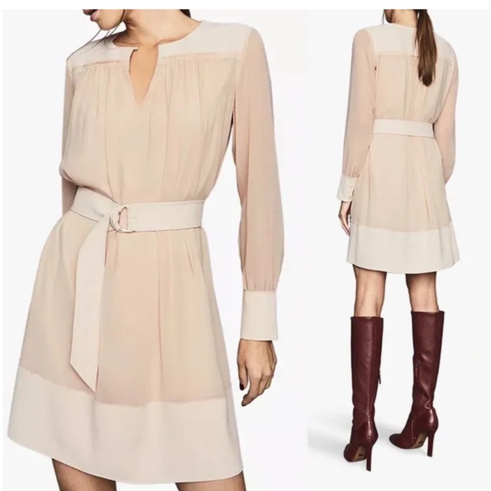 Reiss Finn soft belted dress in nude